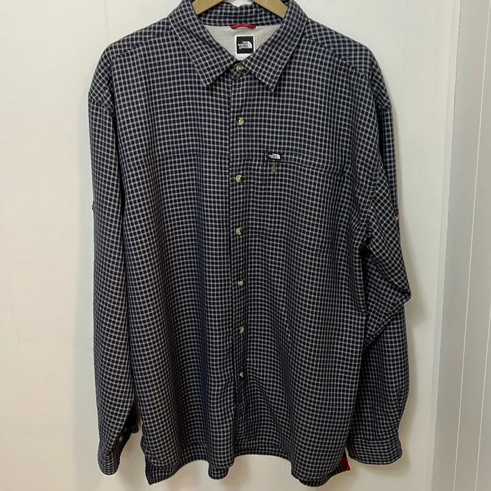 The North Face Traverse Navy Blue Tan Check Long Sleeve Button Down Shirt LARGE